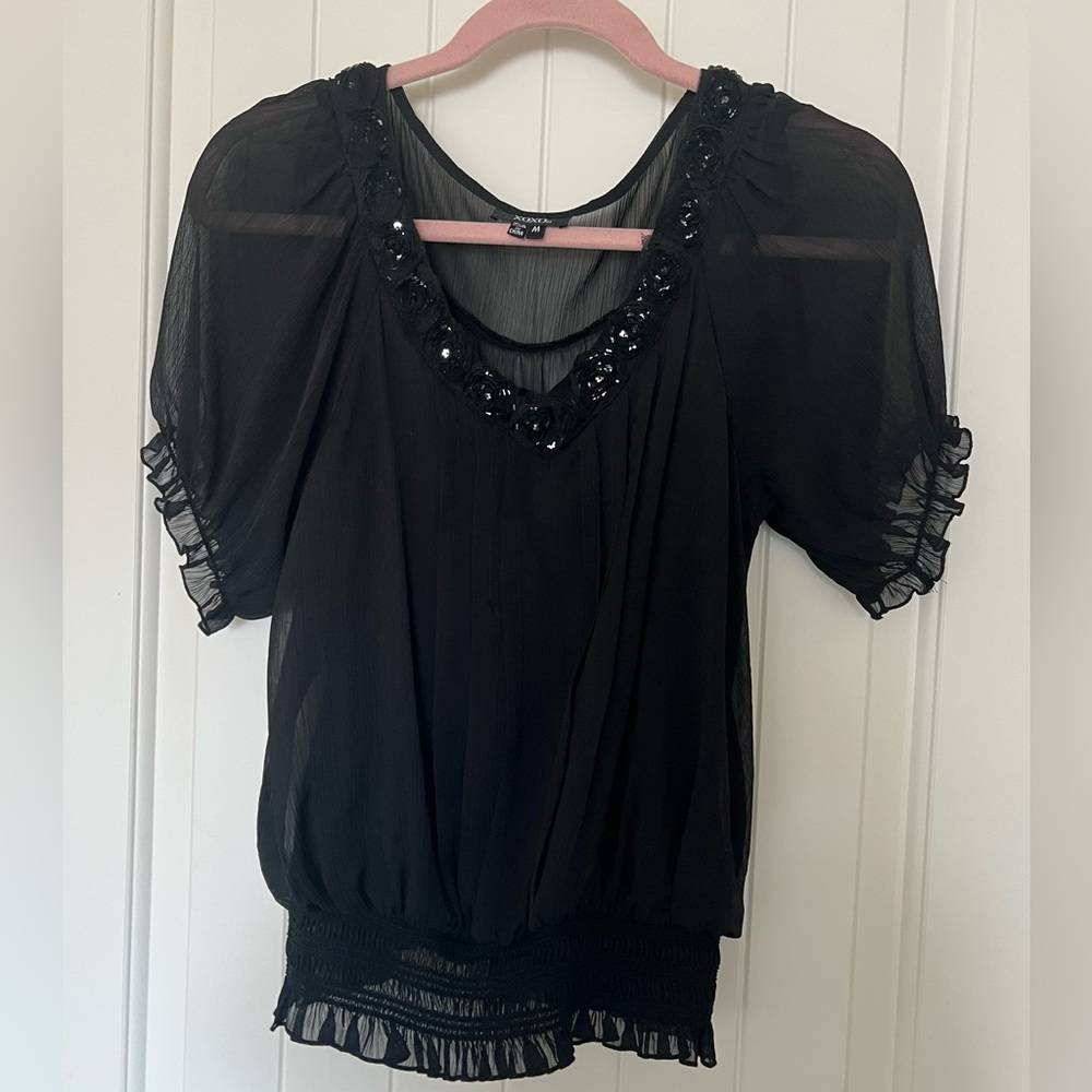 XOXO Black Sheer Top with attached tank, sequined, elastic at waist & arms, Med